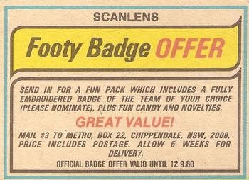 1980 Scanlens - Checklists #NNO North Sydney Back
